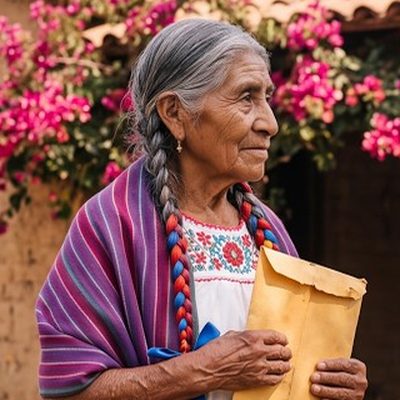 Doña Anita, de trenzas canosas y rebozo morado, con un sobre amarillo en las manos