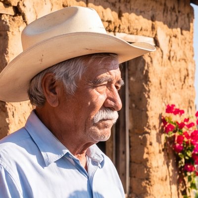 Don Anselmo, con sombrero de paja y bigote blanco, frente a su cuartito de adobe