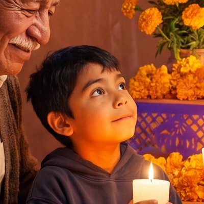 Emiliano, sonriente, sostiene una vela encendida y mira la ofrenda junto a su abuelo