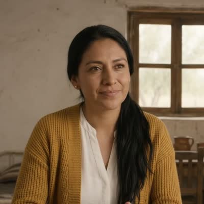 Lupita, de suéter mostaza y trenza larga, sonríe sentada a la mesa del cuartito