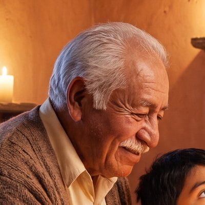 Don Refugio, de cabello blanco y bigote, sonríe con ternura junto a la ofrenda