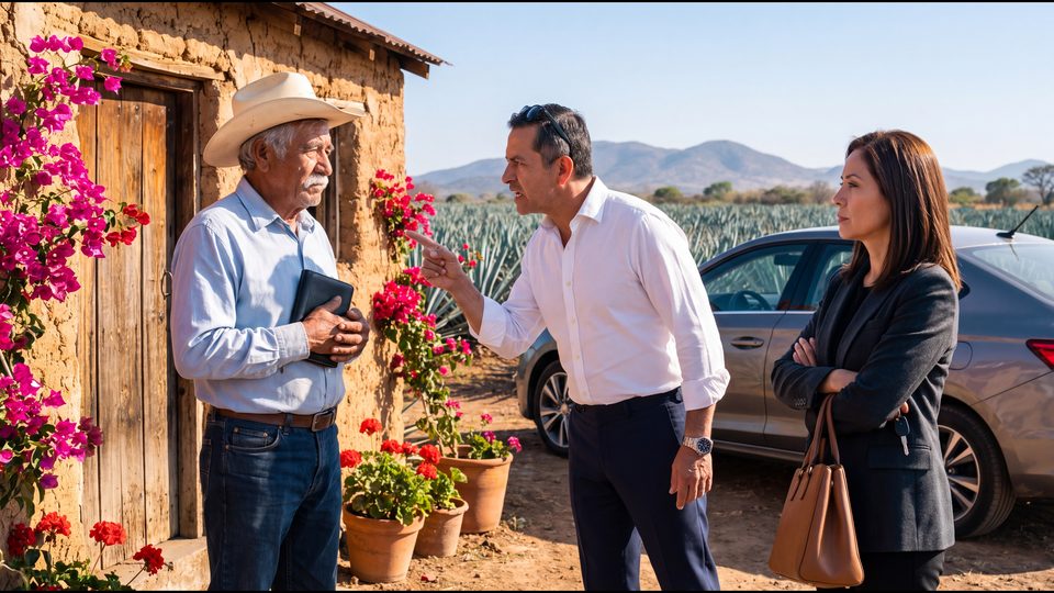 Don Anselmo, con su libreta negra en las manos, escucha a su hijo que lo señala con el dedo frente al cuartito de adobe, junto a los agaves