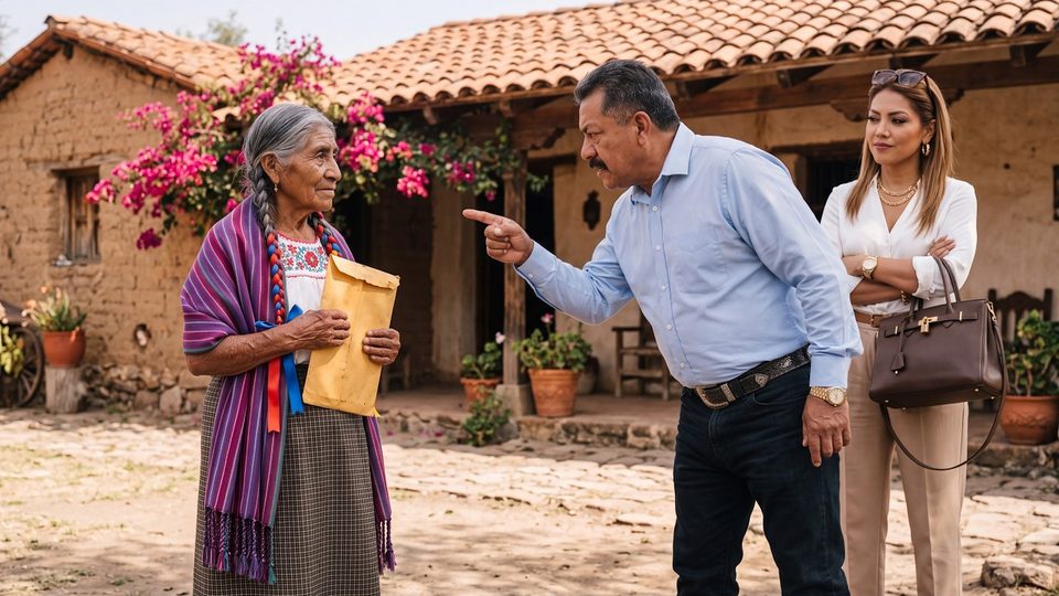 Doña Anita abraza un sobre amarillo mientras su hijo la señala con el dedo frente a su casa de adobe