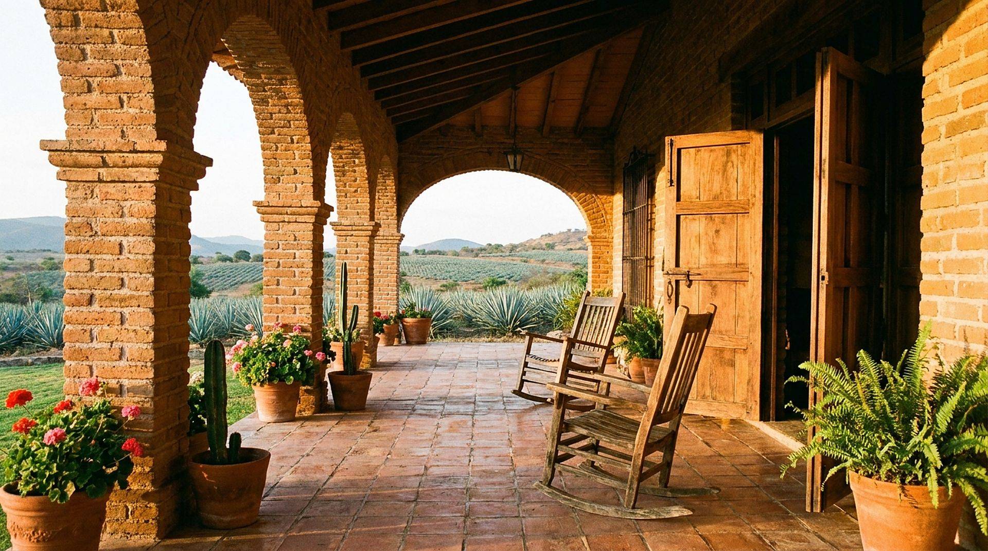 El portal de una casa de rancho con arcos de ladrillo, mecedoras de madera y macetas con flores, frente a los campos de agave