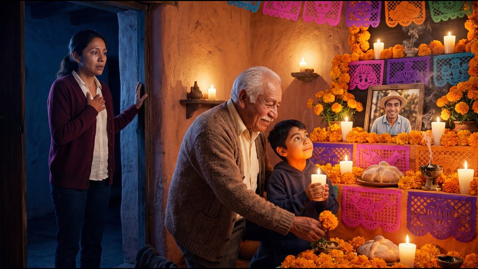 Don Refugio y su nieto Emiliano ponen cempasúchil y velas en la ofrenda con el retrato de su papá, mientras la mamá los mira conmovida desde la puerta